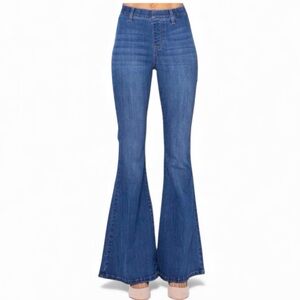 Judy Blue High Rise Waist Pull On Super Flare Jeans Stretchy Raw Hem Blue 15/32